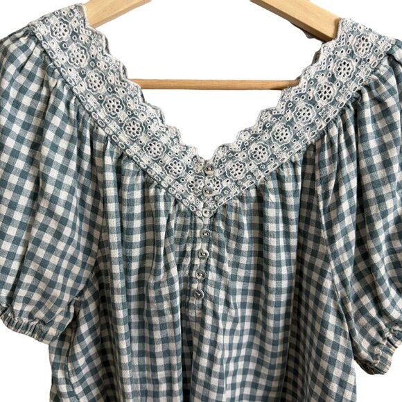 Madewell Gingham Embroidered Eyelet Linen Blend Swing Top Green S Cottagecore - Picture 3 of 8